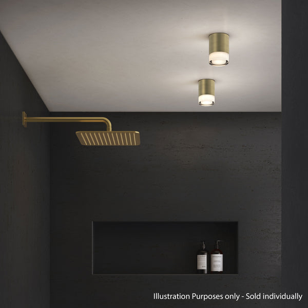 Gold shower head and two gold ceiling lights in a dark bathroom with a recessed shelf