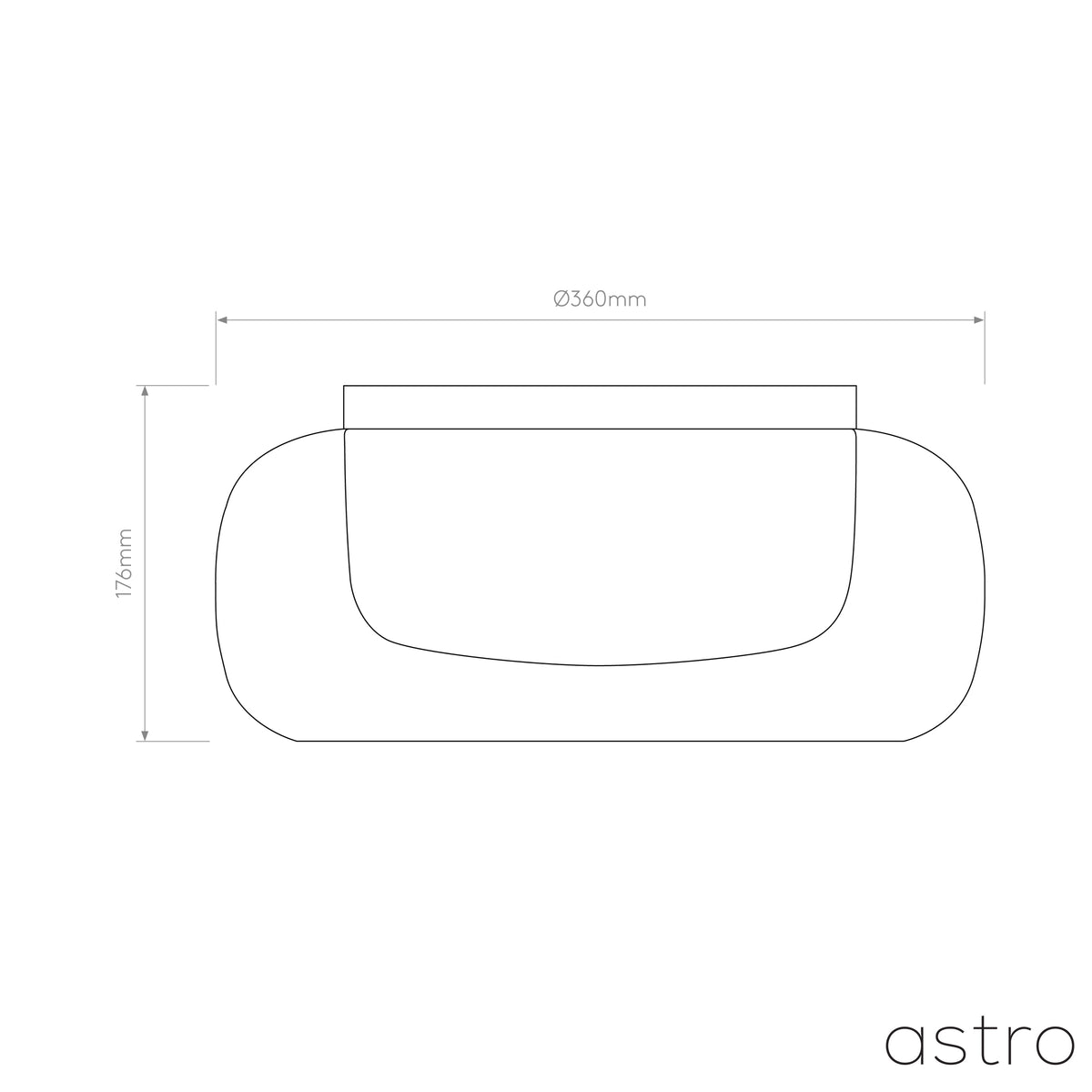 Technical drawing of the Astro lighting product, showing a diameter of 360mm and a height of 176mm