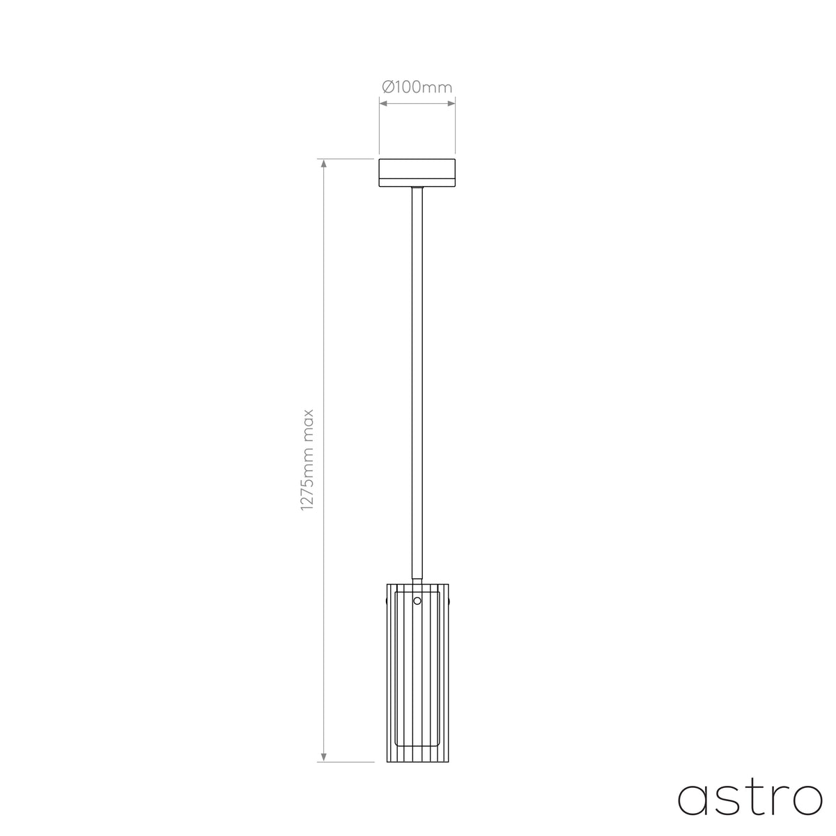 Technical drawing of a pendant light with a cylindrical ribbed glass shade and dimensions