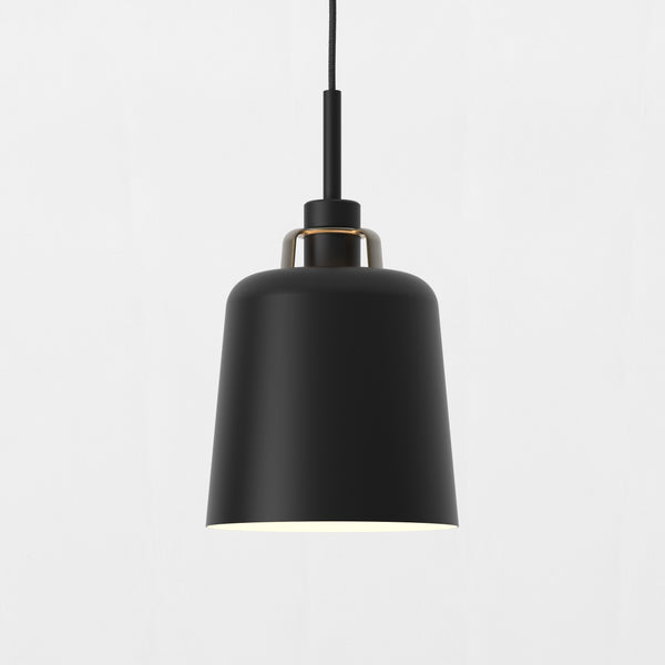 Black pendant light with a gold accent ring and a visible light source at the bottom