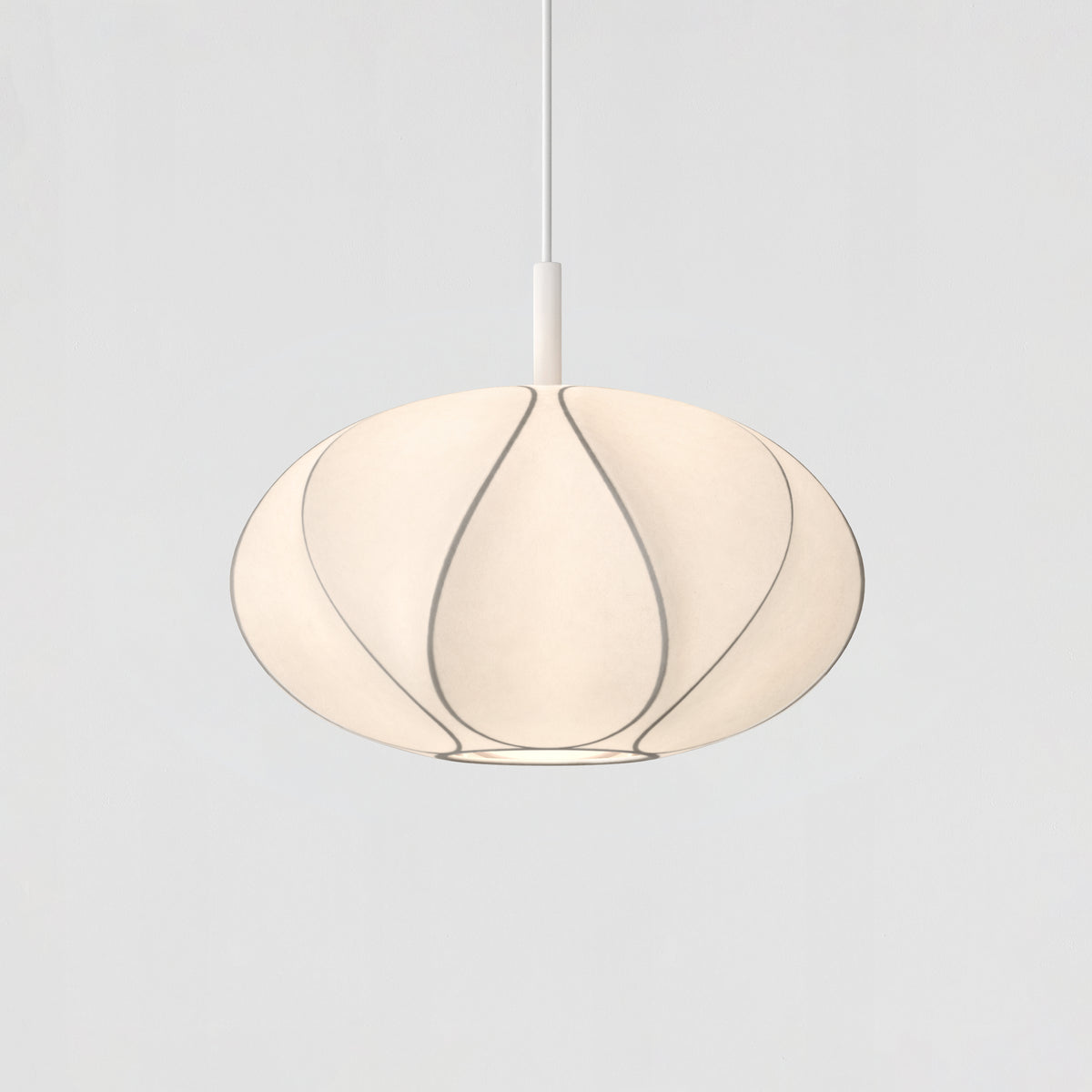 White spherical pendant light with dark grey ribbing