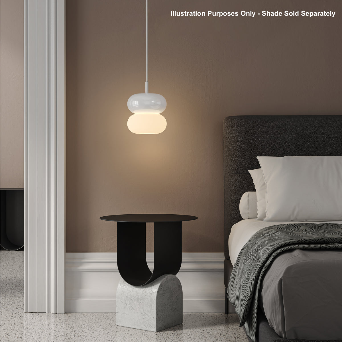 White pendant light with two stacked oval shades, illuminating a bedroom with a dark grey bed and a black side table