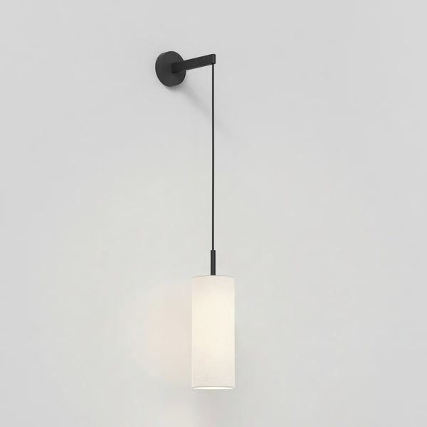 Black wall-mounted light fixture with a white cylindrical shade