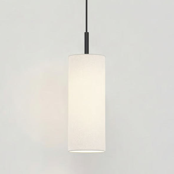 White cylindrical pendant light with a black rod and cable