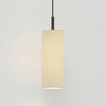 Cylindrical pendant light with a cream fabric shade and black suspension cord