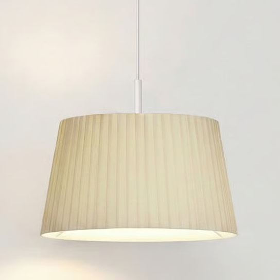 A pleated fabric pendant lampshade in a light cream color