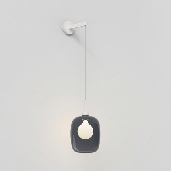 Wall-mounted pendant light with a dark grey rounded glass shade and a white bulb