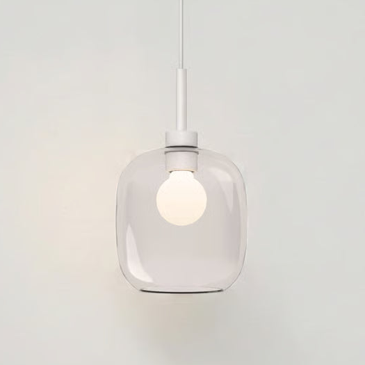 Clear glass pendant light with a white bulb and white cord