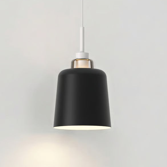 Black pendant light with a white cord and gold accent