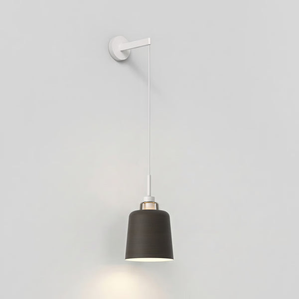 Wall-mounted pendant light with a dark grey shade and white cord