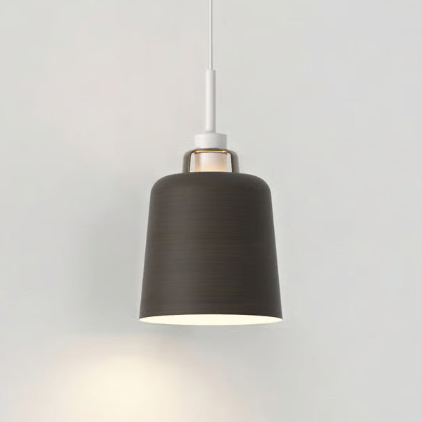 Dark grey pendant light with a white cord and a light-colored top
