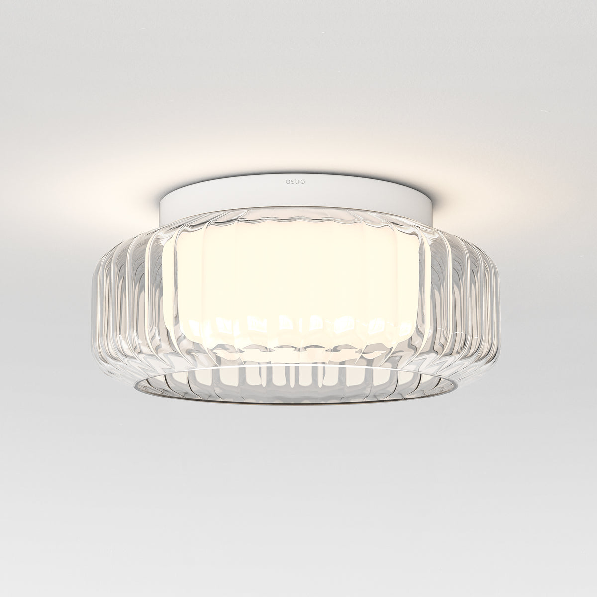 Toro 385 IP44 Ceiling Light in Matt White with Clear Ribbed Glass Shade