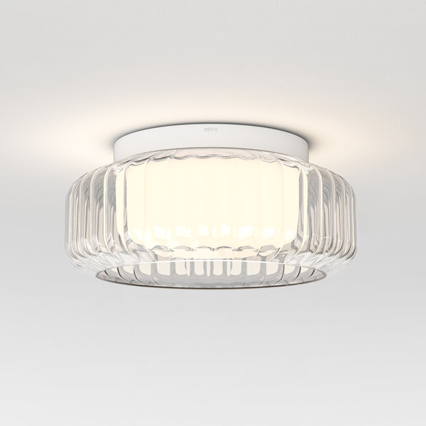 Toro 385 IP44 Ceiling Light in Matt White with Clear Ribbed Glass Shade