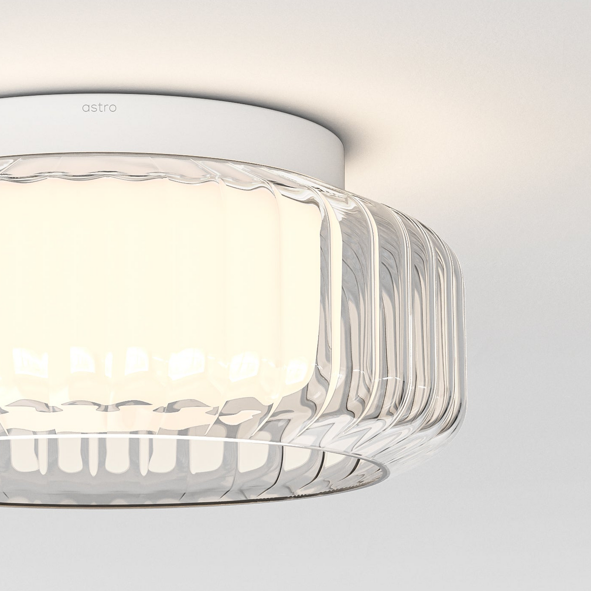 Toro 385 IP44 Ceiling Light in Matt White with Clear Ribbed Glass Shade