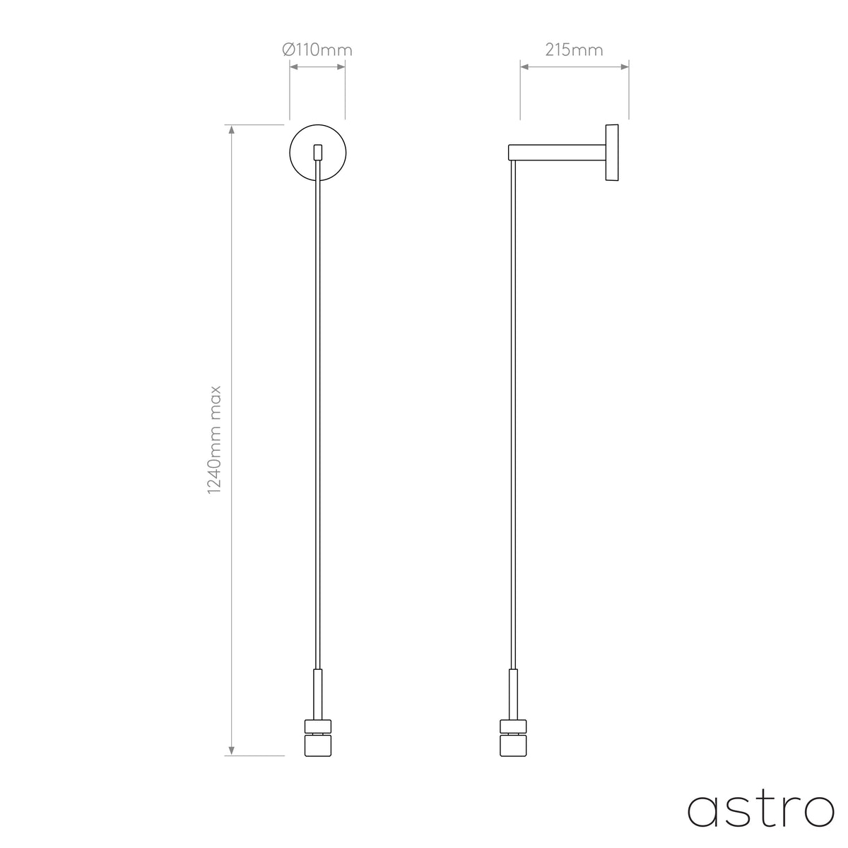 Technical drawing of a pendant light with dimensions. Front and side views are shown.