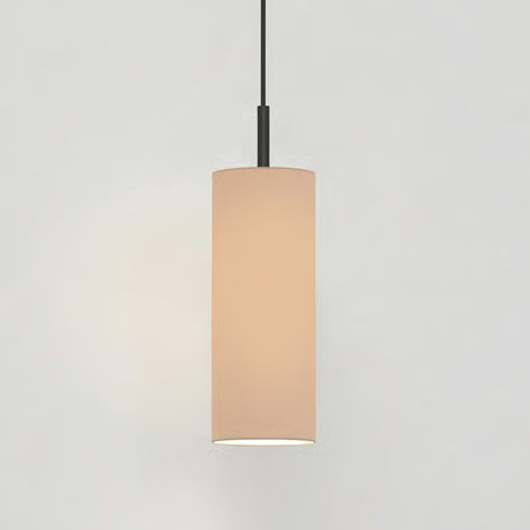 Cylindrical pendant light with a beige fabric shade and a black suspension cord