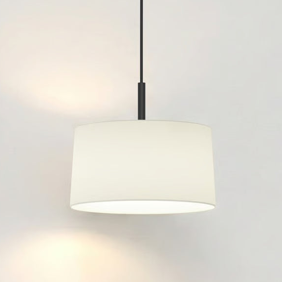 White drum pendant light with a black rod