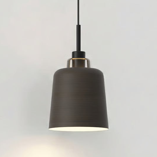 Dark bronze pendant light with a black cord and a warm glow