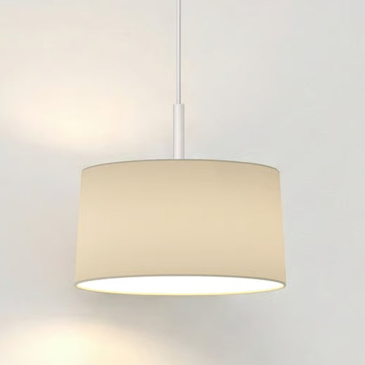 White ceiling pendant light with a cream fabric shade