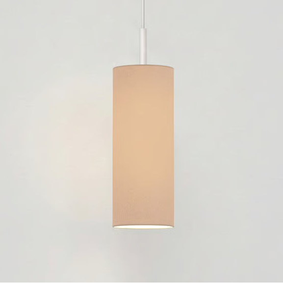 Cylindrical pendant light with a light brown fabric shade