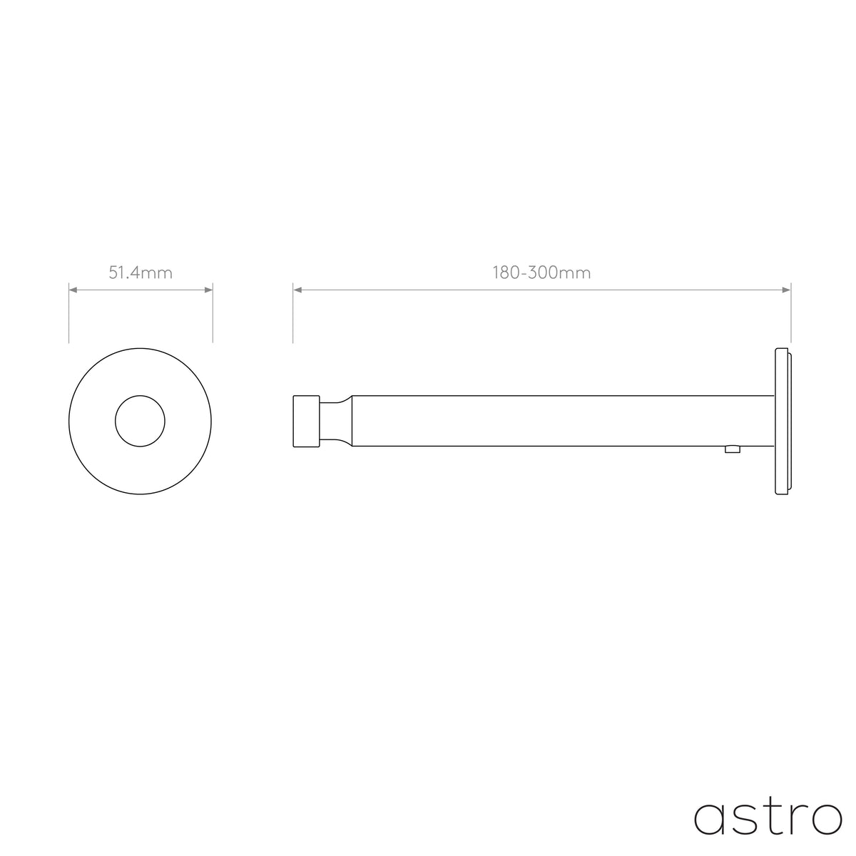 Technical drawing of a wall-mounted light fixture with dimensions 51.4mm diameter and 180-300mm length
