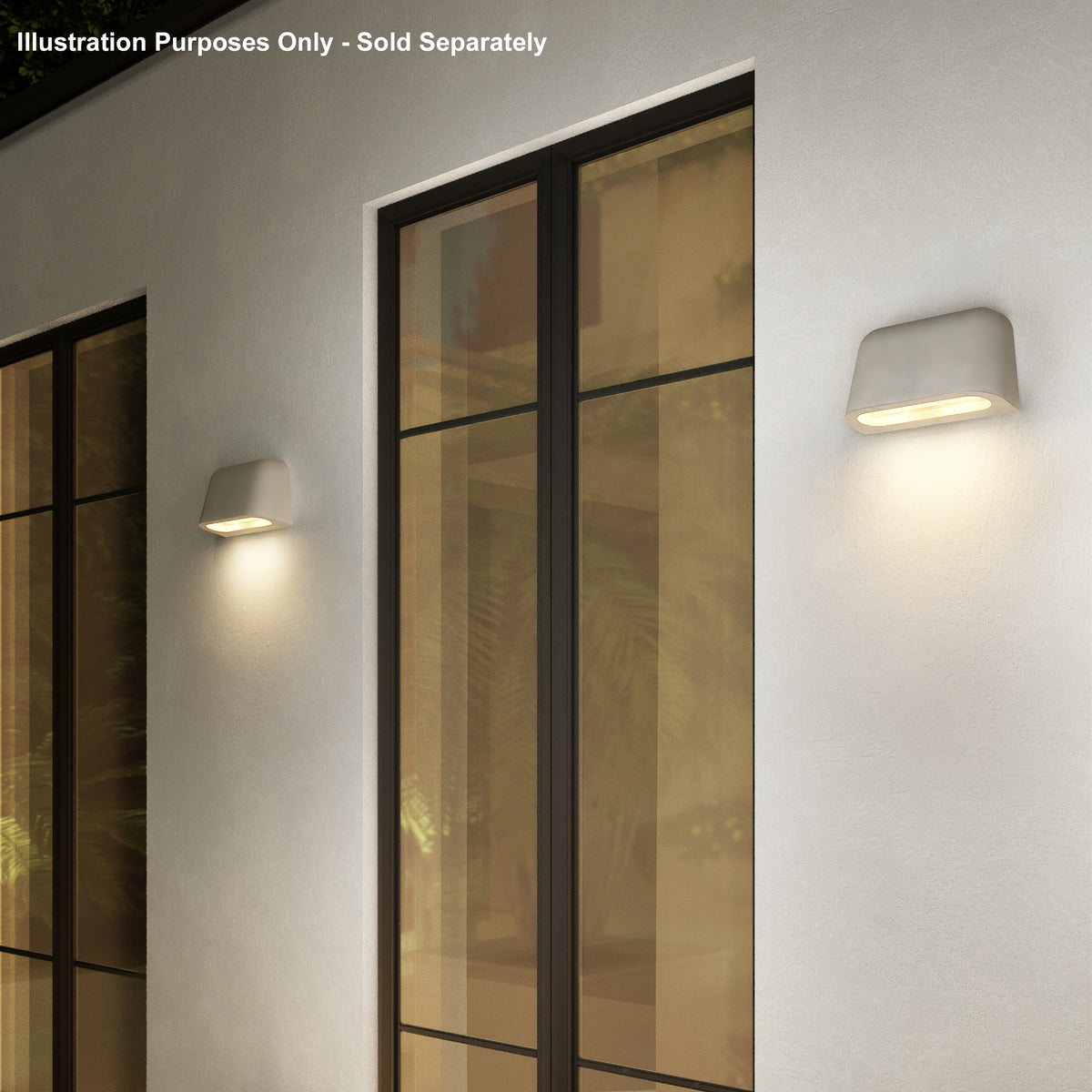 Two outdoor wall lights illuminate a textured white wall next to large dark-framed windows