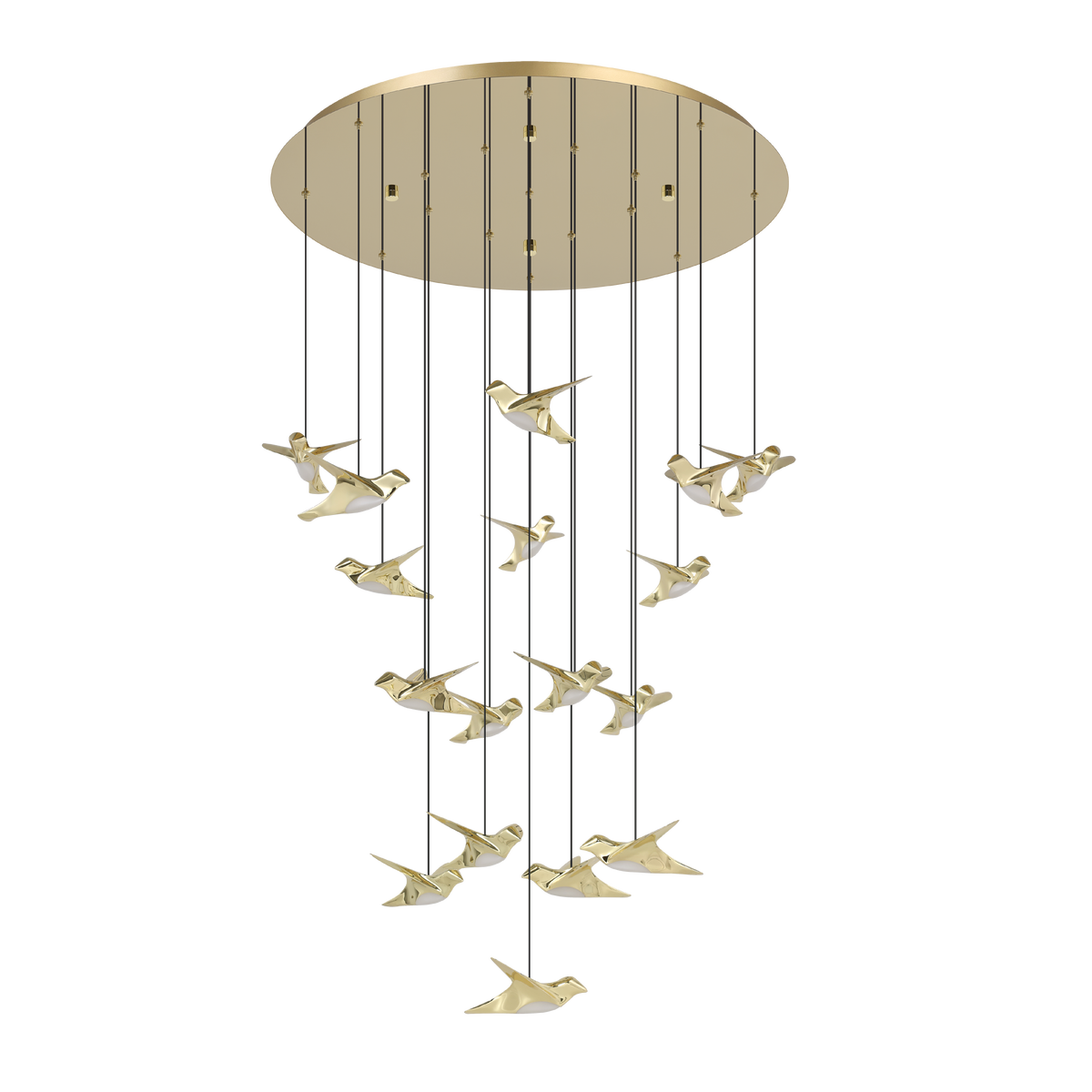 Chandelier with multiple golden bird-shaped lights hanging from a round golden base