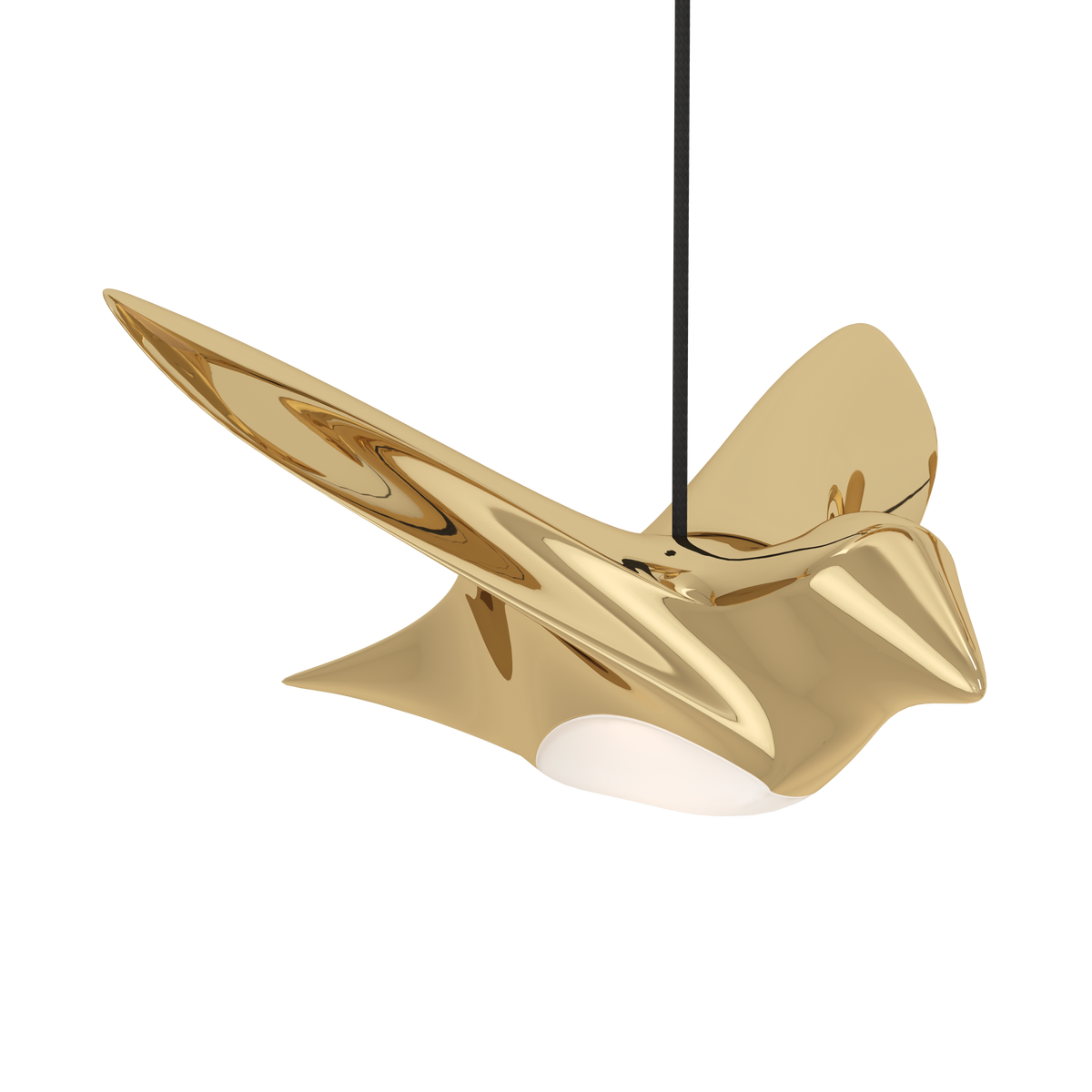 Close-up of a single golden bird-shaped light fixture with a white illuminated belly