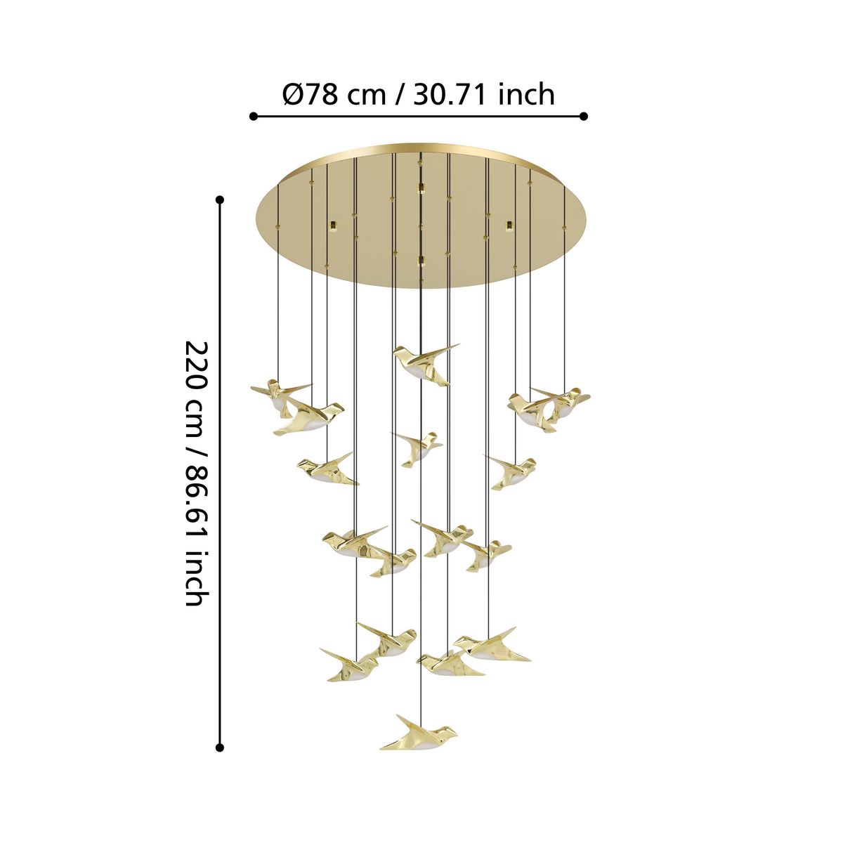 Chandelier with multiple golden bird-shaped lights and dimensions of 78cm diameter and 220cm height