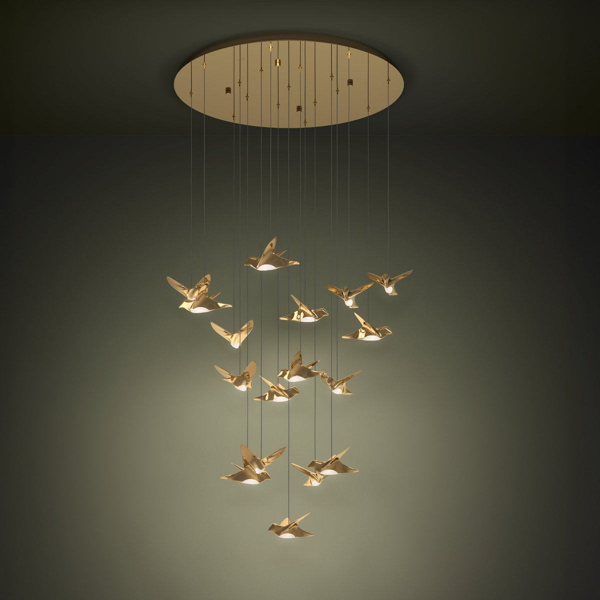 Chandelier with multiple golden bird-shaped lights hanging from a round wooden base
