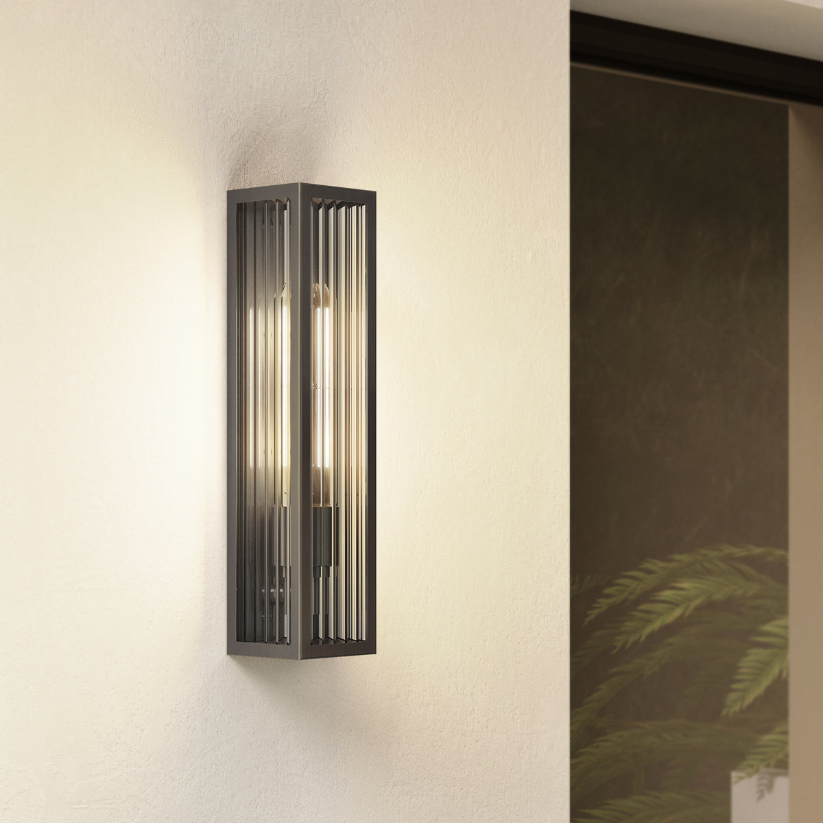 Harvard IP44 Coastal Wall Light in in Brushed Gun Metal Grey with Ribbed Glass