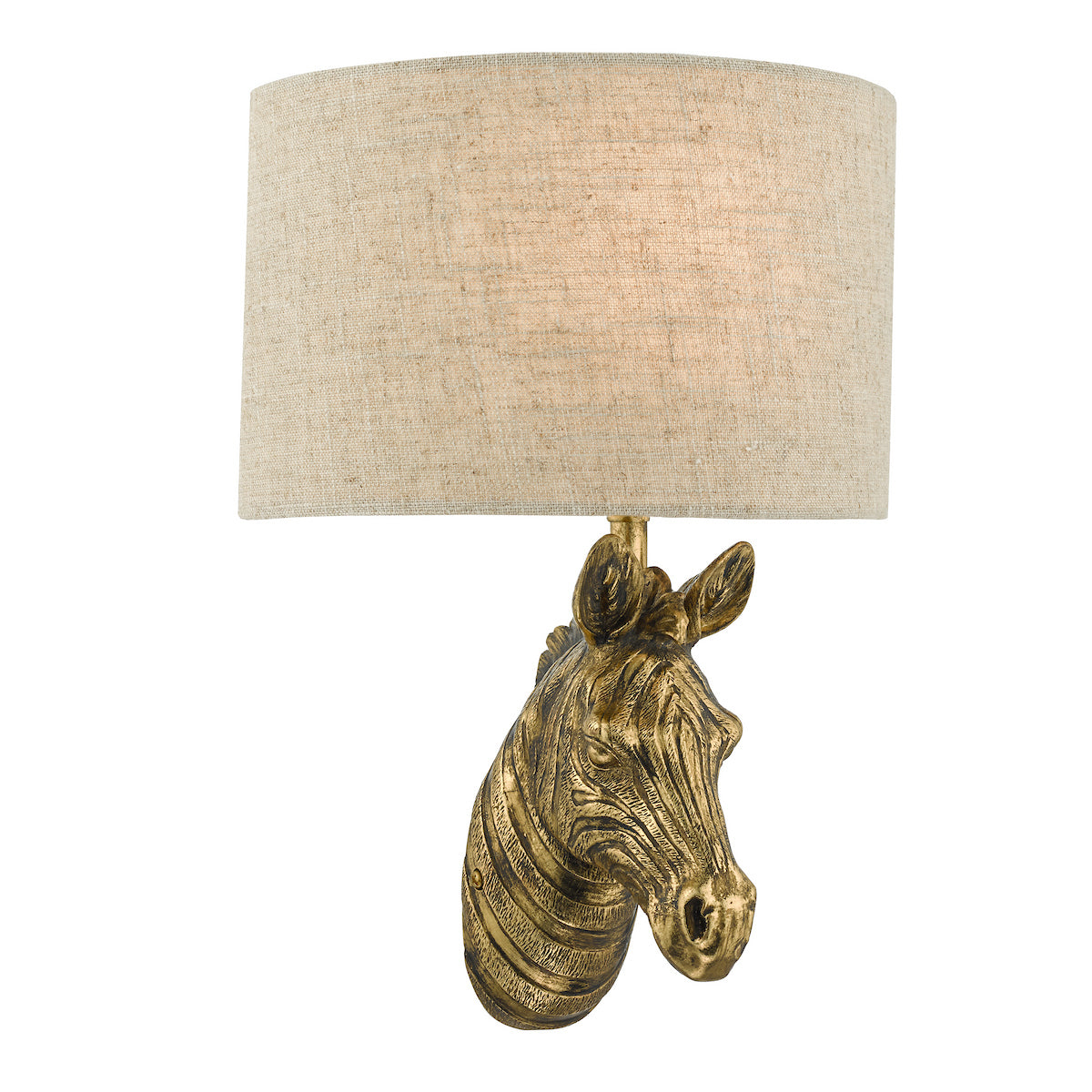 Gold zebra head wall sconce with a light beige fabric shade.