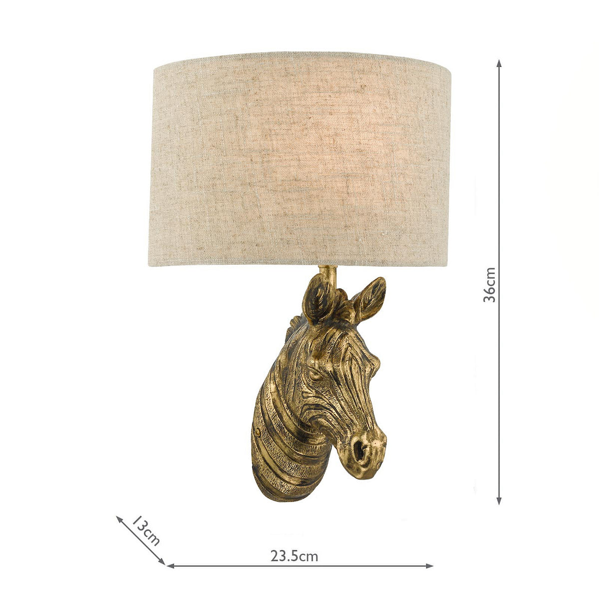 A gold zebra head wall lamp with a light beige fabric shade. The lamp is 36cm tall.