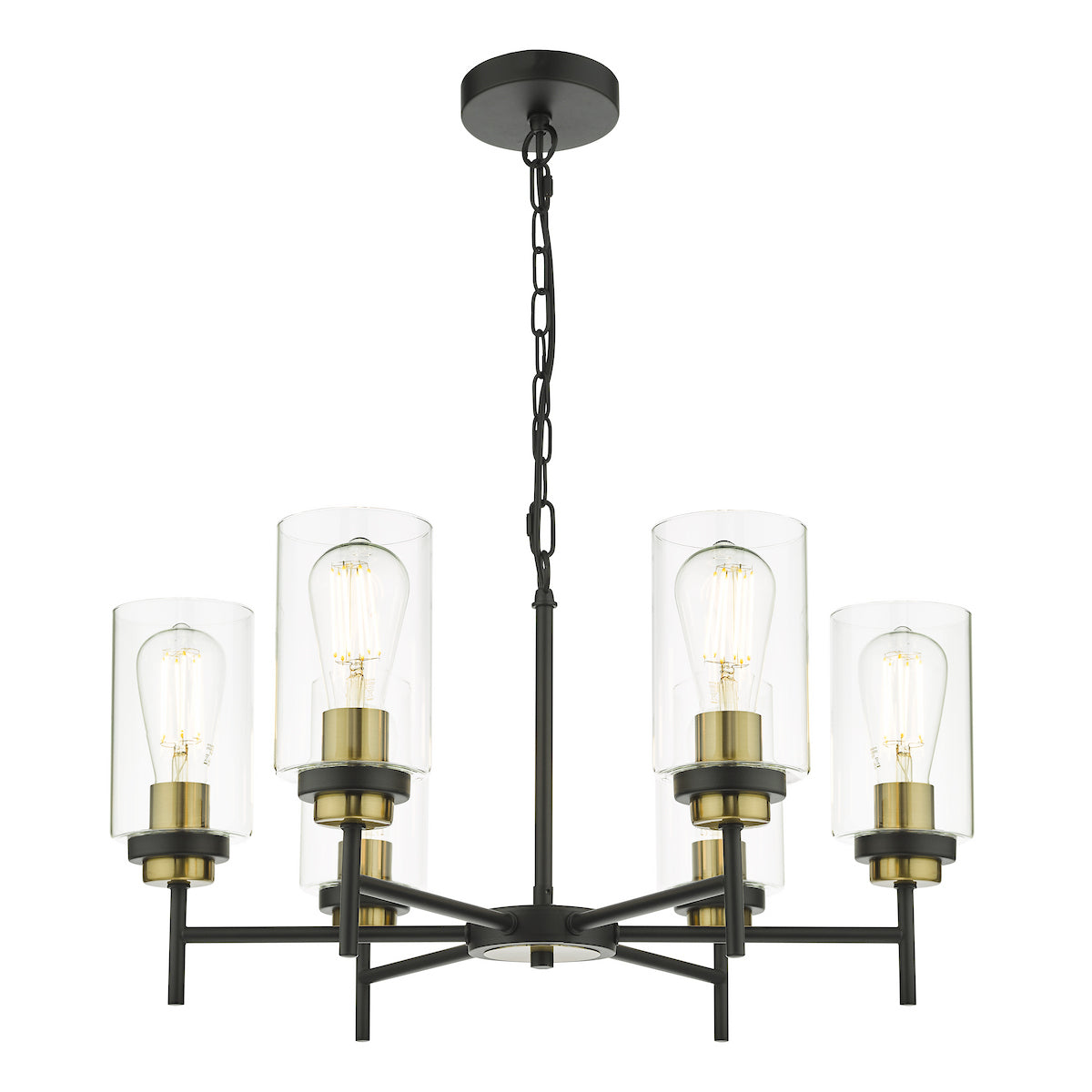 Black metal chandelier with four clear glass cylinders, each holding an exposed filament bulb.