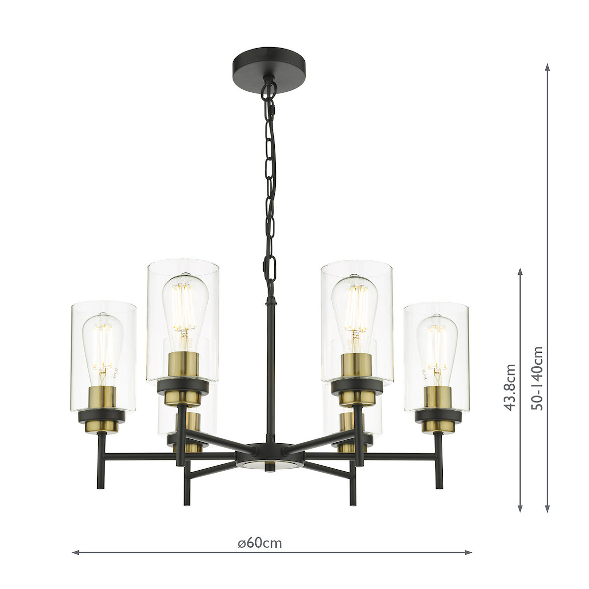 Black and gold chandelier with five exposed bulbs and clear glass shades, showing dimensions.