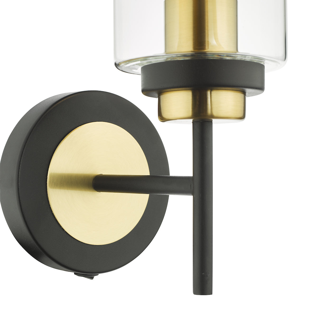 Black and gold wall sconce with a clear glass shade.