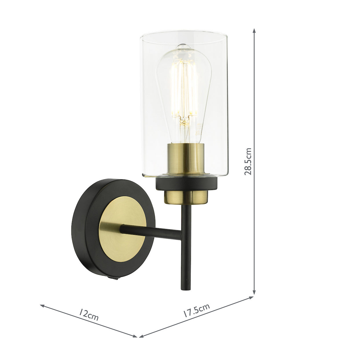 Black and gold wall light with a clear glass cylinder and exposed bulb, with dimensions.