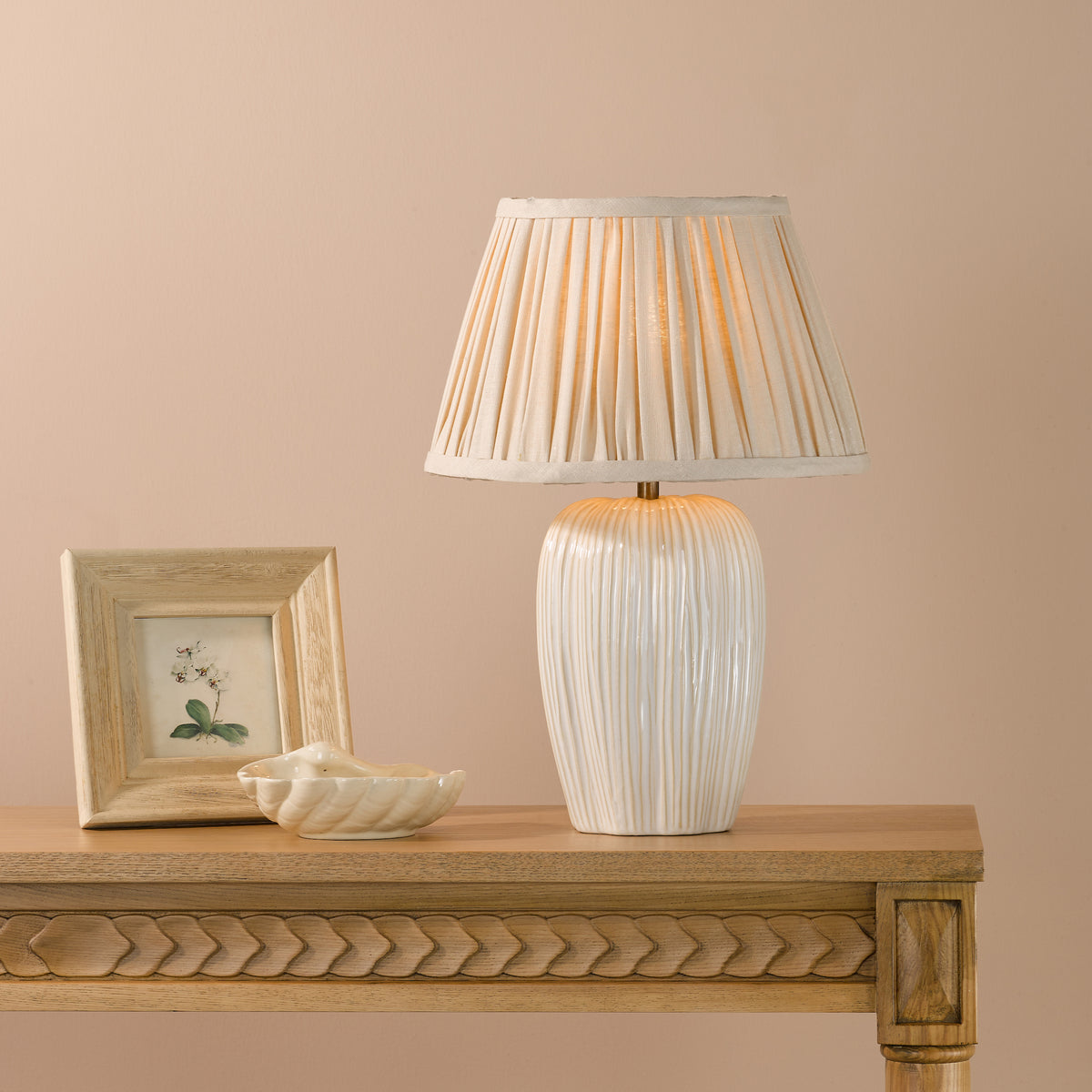 Abigail Ceramic Table Lamp in Cream with Pleated Taupe Linen Shade