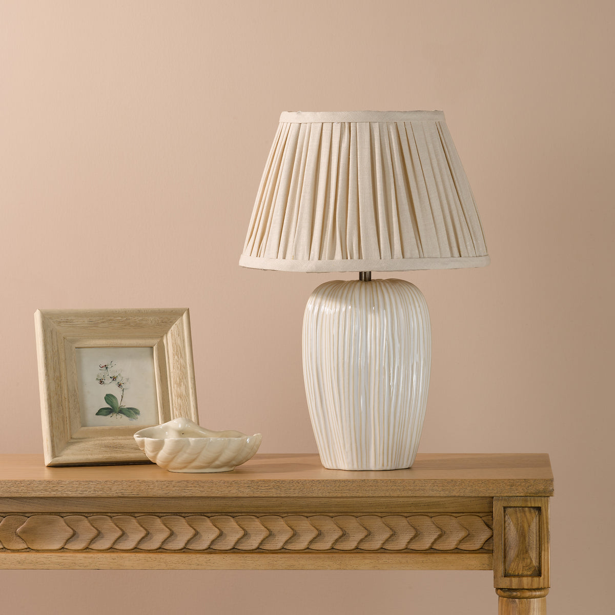 Abigail Ceramic Table Lamp in Cream with Pleated Taupe Linen Shade