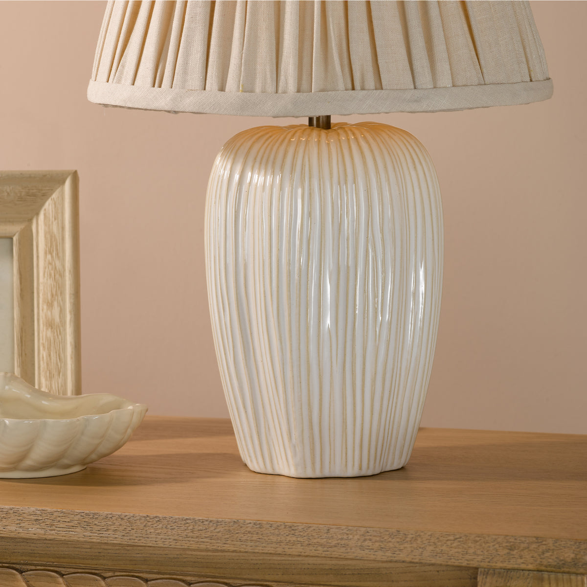 Abigail Ceramic Table Lamp in Cream with Pleated Taupe Linen Shade