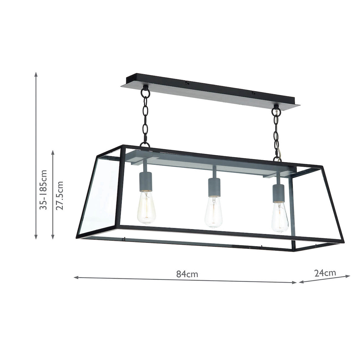 Black metal and glass rectangular pendant light with three exposed bulbs and dimensions.