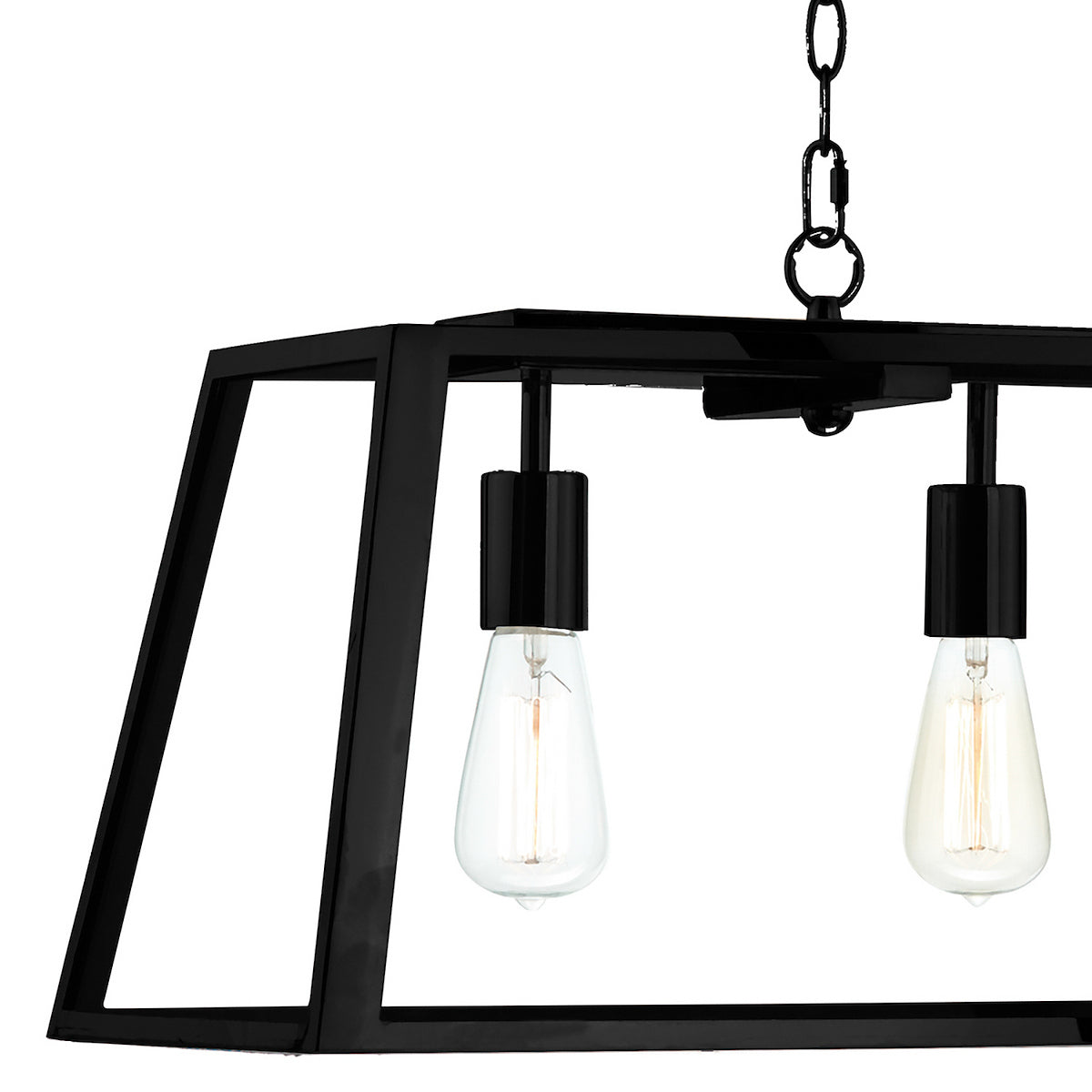 Black metal chandelier with two exposed Edison bulbs hanging from a chain.