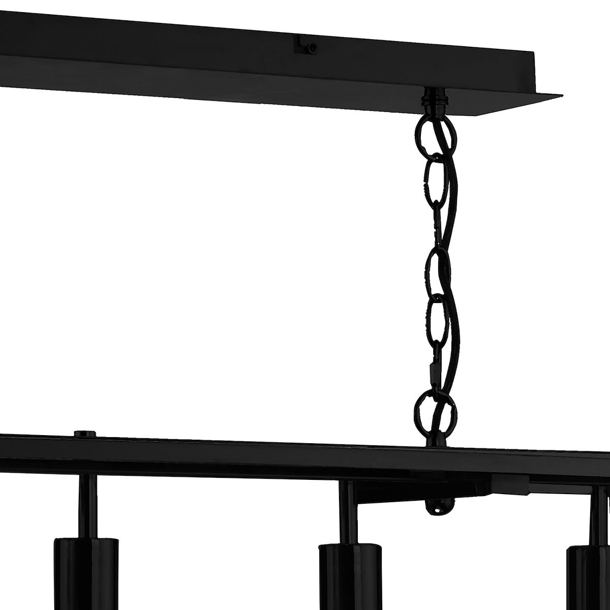 Close-up of a black metal chandelier with a chain hanging from the ceiling mount.
