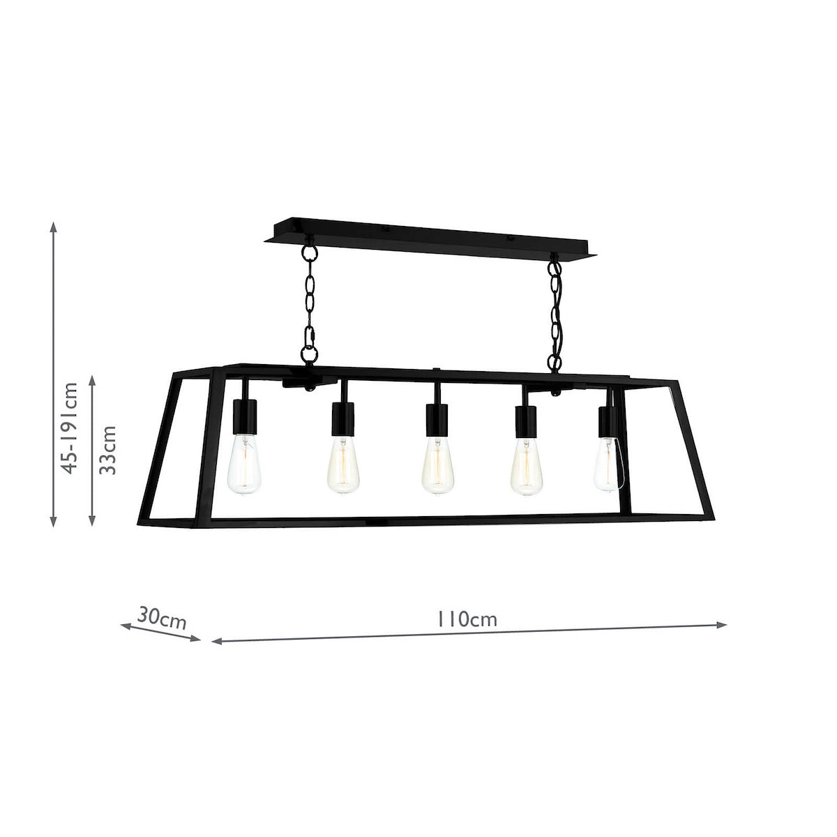 Black metal chandelier with five exposed bulbs, showing dimensions of 45-191cm height, 110cm width, 30cm depth.