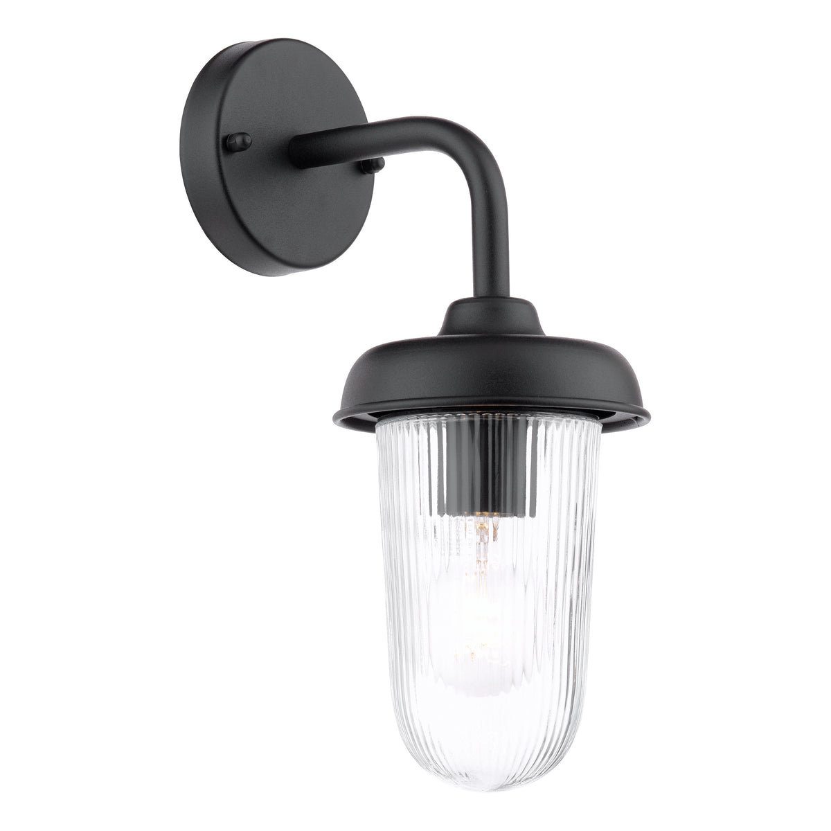 Black wall-mounted outdoor light with a clear ribbed glass shade and exposed bulb