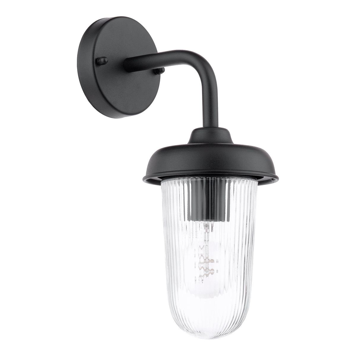 Black wall light with a clear ribbed glass shade and exposed filament bulb