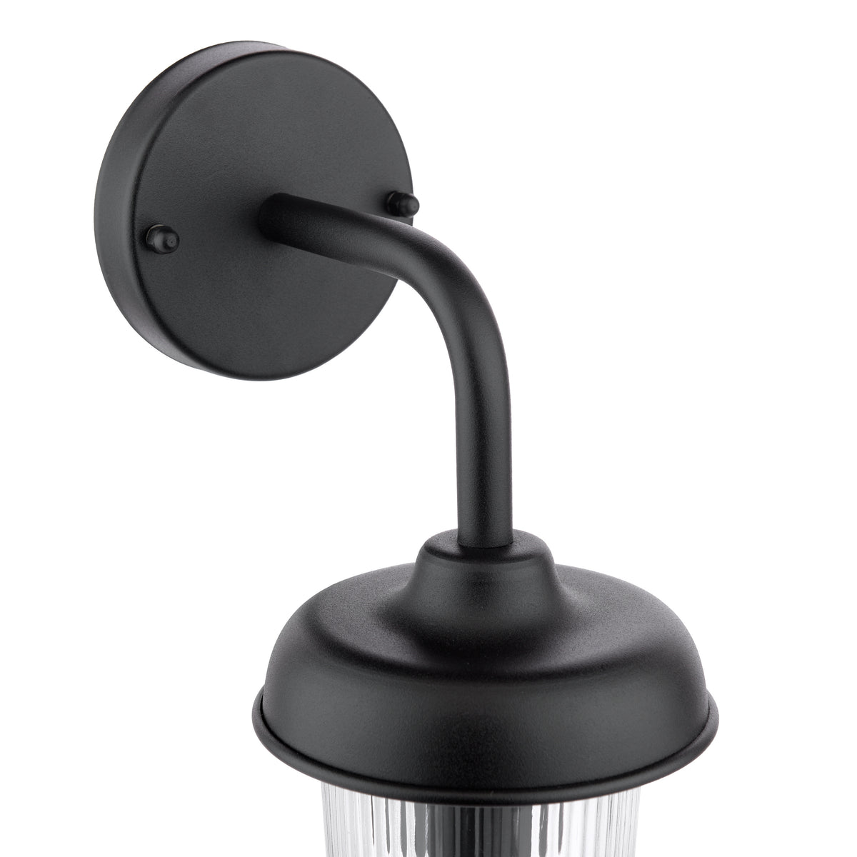 Black outdoor wall light with a curved arm and a clear ribbed glass shade