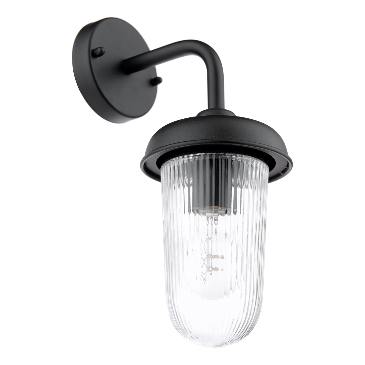 Black wall light with a ribbed glass shade and exposed filament bulb