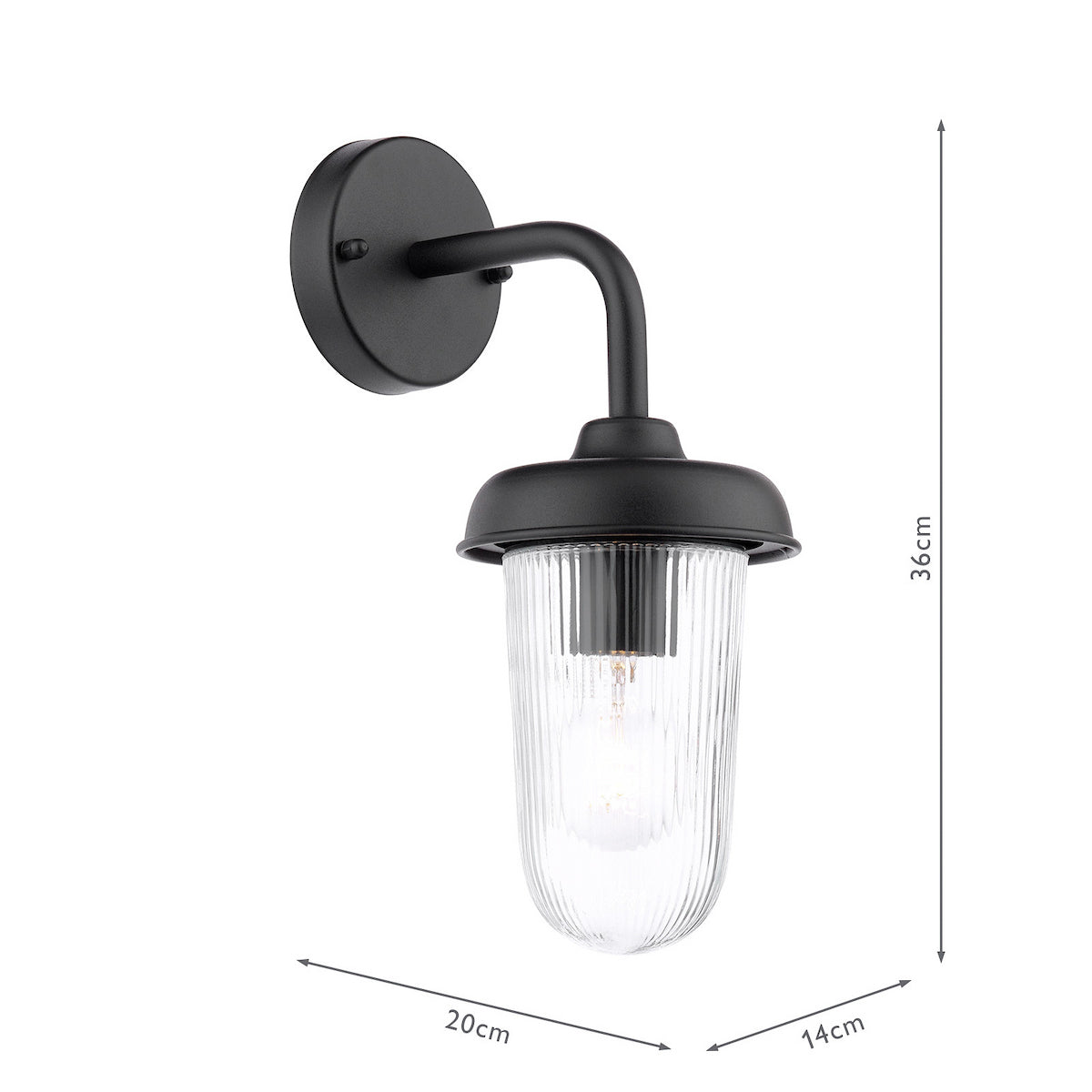 Black outdoor wall light with clear ribbed glass shade and exposed bulb, dimensions 36cm x 20cm x 14cm