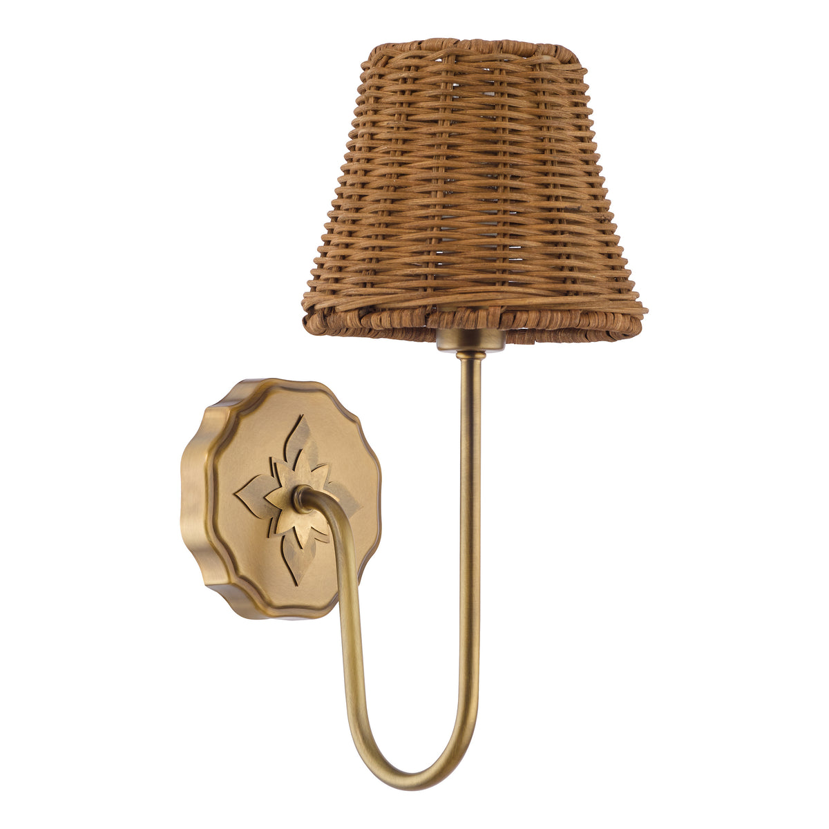 Adyara Wall Light in Antique Bronze With Tapered Brown Rattan Shade